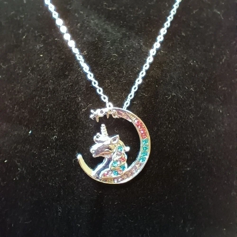 Silver Gold Plated Unicorn Pendant Necklace Moon Stars Rainbow‎ Rhinestones